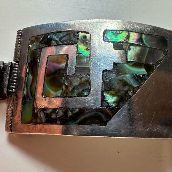 Rare Vintage Silver Mexico Abalone Shell Six Panel Link Bracelet - Picture 8 of 8